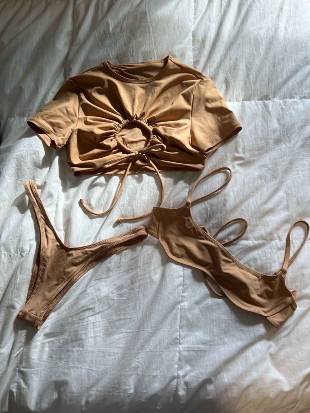 SKIMS Tan Three-Piece Bikini Set